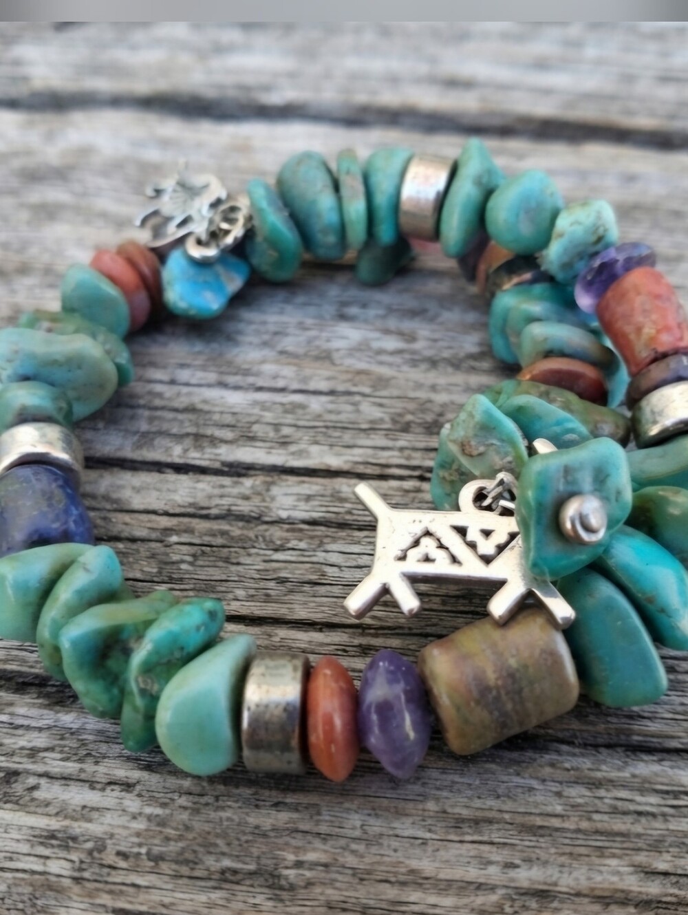 Sterling Silver chunky turquoise wrap charms bracelet